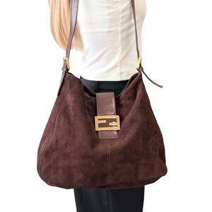 FENDI Vintage FF Logo Shoulder Bag Crossbody Brown Gold Suede Leather [105518]